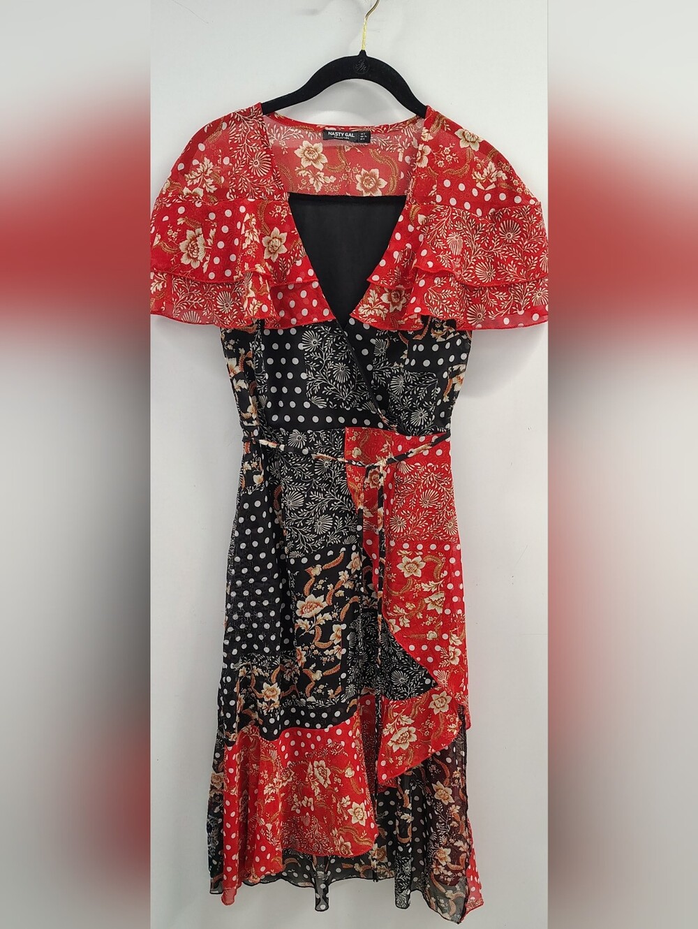 NWF Nasty Gal Red & Black Patchwork Mix Floral Dot Ties Waist Midi Dress Sz 2